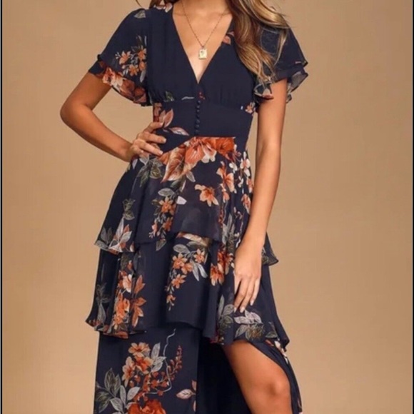 Lulus Dresses & Skirts - Lulus Midnight Mood Navy Blue Floral Print Tiered Maxi Dress Size Large